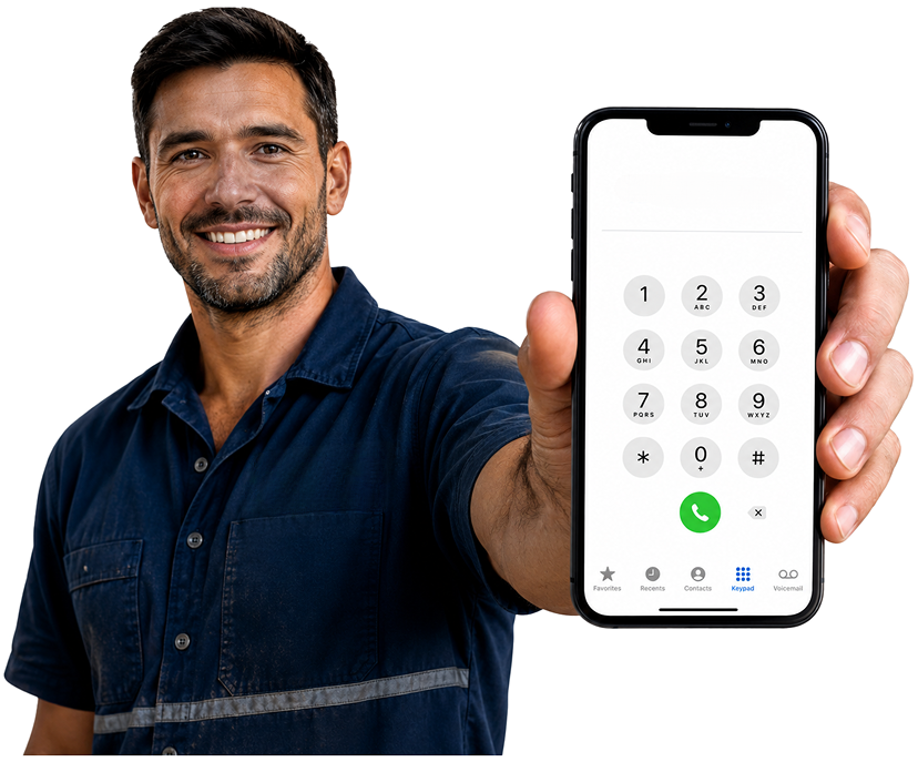 Beaconsfield Blocked Drains plumber holding a phone — call 1300 261 965