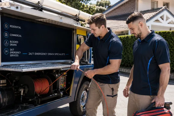 Two plumbers working on a blocked drain in Beaconsfield