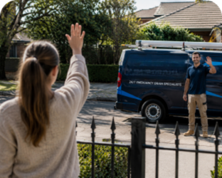 Customer waving goodbye to a Beaconsfield Blocked Drains plumber